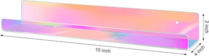 Dezzer 6 Pack Acrylic Shelves for Wall, 15" Acrylic Floating Shelves for Bathroom Bedroom, Invisible Bookshelf Wall Ledge Storage Shelf Books Perfume Toys Action Figure Display Shelves, Iridescent