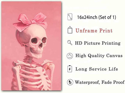 Pink Skeleton Wall Art Vintage Skull Poster Pink Bow Pictures Cute Bow Pictures Quirky Trendy Wall Art Skeleton Funny Halloween Poster Aesthetic Living Room Decor 16x24inch No Frame