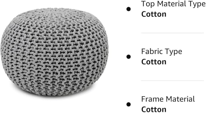 REDEARTH · Round Pouf Ottoman - Hand Knitted Cable Boho Poof Home Décor Pouffe Circular Footrest for Living Room - Nursery - Bedroom - Lounge 100% Cotton (18”x18”x14”) - Gray, Set of 2