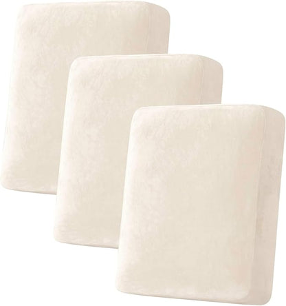 H.VERSAILTEX Velvet Stretch Couch Cushion Cover Plush Cushion Slipcover for Chair Loveseat Sofa Cushion Furniture Protector Seat Cushion Sofa Cover (3 Piece Sofa Cushion Covers, Cream)