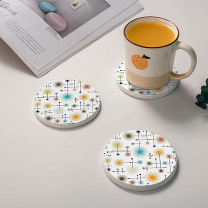 HUXJOKO Coasters for Drinks Set of 6,Mid Century Modern Lines Absorbent Ceramic Coaster,Round Stone Mat,with Cork Base and Metal Holder for Coffee Table Room Bar Home Decor Housewarming Gifts