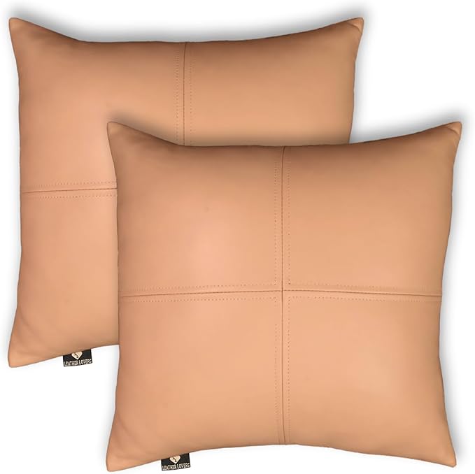 LL LEATHER LOVERS Lambskin Leather Pillow Cover, Hand Panel Stitched Leather Decorative Throw Pillow Covers for Couch Sofa Bed Living Room Garden (20x20 Inches, Beige Pack of 2)