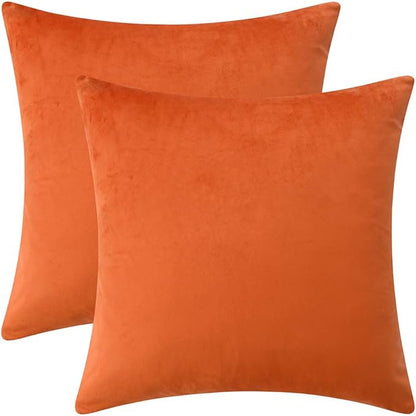 Set of 2 Comfortable Velvet Throw Pillow Cases Decorative Solid Cushion Covers for Sofa Couch and Bed - 20"x20", Bold Orange
