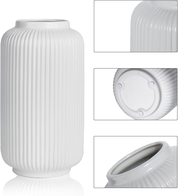 White Ceramic Flower Vase, 8 Inch Ribbed Vase for Pampas Grass, Fresh or Dried Flowers, Decorative Centerpiece for Living Room, Kitchen, Bookshelf, Office Decor