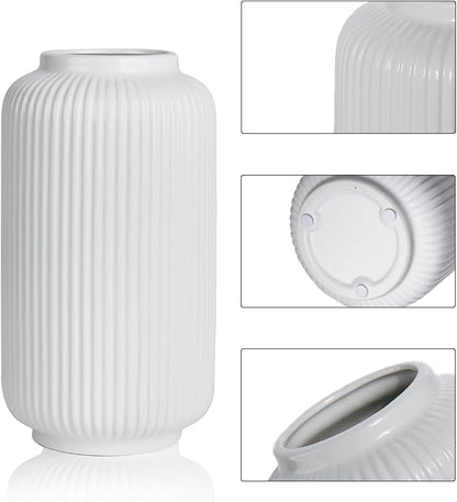 White Ceramic Flower Vase, 8 Inch Ribbed Vase for Pampas Grass, Fresh or Dried Flowers, Decorative Centerpiece for Living Room, Kitchen, Bookshelf, Office Decor
