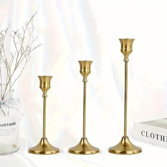 4 Sets(12 Pcs) Candle Stick Holders，Brass Gold Metal Taper Candle Holders, Vintage Modern Decorative Centerpiece Candlestick Holders for Table Mantel Wedding Housewarming Gift