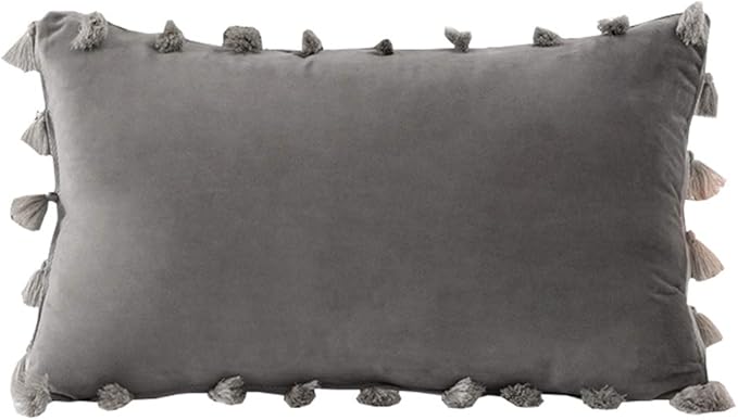 vctops Velvet Soft Solid Decorative Throw Pillow Cover with Tassels Boho Accent Cushion Case for Couch Bedroom Car Grey 12''x20''