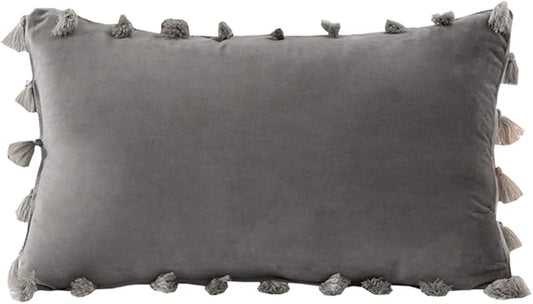vctops Velvet Soft Solid Decorative Throw Pillow Cover with Tassels Boho Accent Cushion Case for Couch Bedroom Car Grey 12''x20''