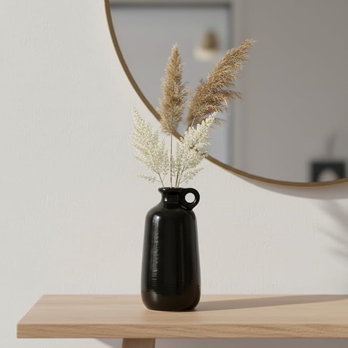 Sunddo Black Ceramic Vase 10 Inch - Tall Modern Decorative Vase with 1 Handle, Elegant Black Statement Piece for Entryway & Mantel