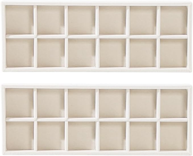 2Pcs Desk Drawer Storage Tray, Nightstand Organizer Tray, Necklace Bracelet Ring Earring Jewelry Display Tray, Grid Table Organizer Holder Tray for Sunglass, Phone, Watch, Perfume (12 grid)/Beige