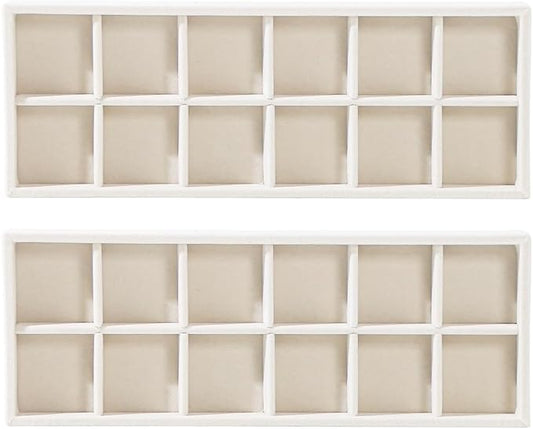 2Pcs Desk Drawer Storage Tray, Nightstand Organizer Tray, Necklace Bracelet Ring Earring Jewelry Display Tray, Grid Table Organizer Holder Tray for Sunglass, Phone, Watch, Perfume (12 grid)/Beige