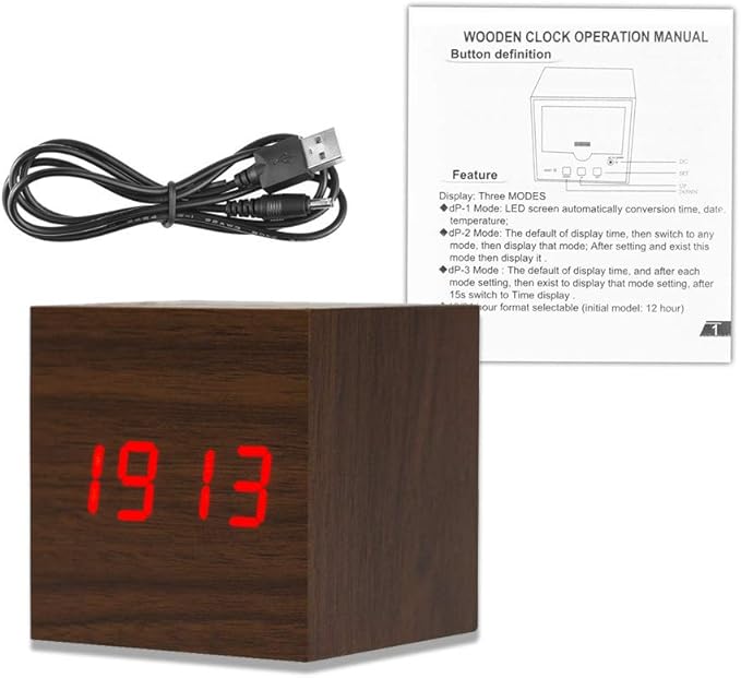 Lancoon Wooden Alarm Clock - Mini Cube LED Digital Clock with Time/Date/Temperature Display, 3 Levels Brightness and Voice Control Great for Home Office Travel - AC10Brown_Red