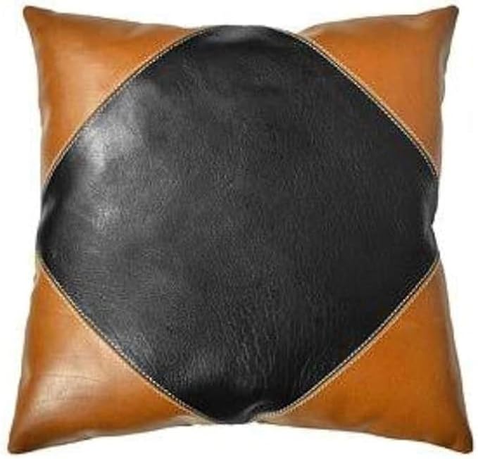 D DOLLY LAMB Lambskin Leather Pillow Cover - Sofa Cushion Case - Decorative Throw Covers for Living Room & Bedroom, 20x20 Inches - Camel Black Pack of 1