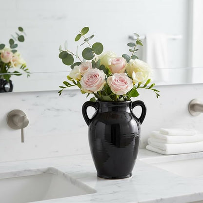 Sunddo Black Ceramic Vase - 8 Inch Modern Decorative Vase with 2 Handles, Black Centerpiece for Home Decor, Living Room, Kitchen Table, Mantle Fireplace, Bathroom Decor