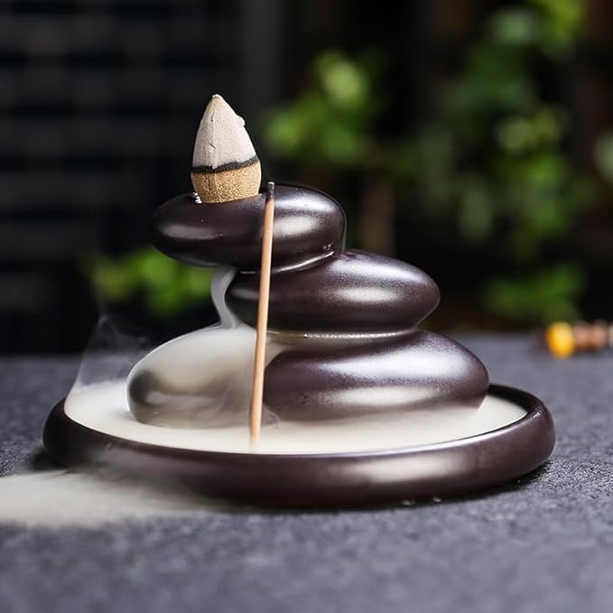 Zen Backflow Incense Burner, Ceramic Waterfall Incense Holder for Cone & Stick Incense, Handmade Three-Stone Design Aromatherapy Decor for Home, Yoga, Meditation, Relaxation