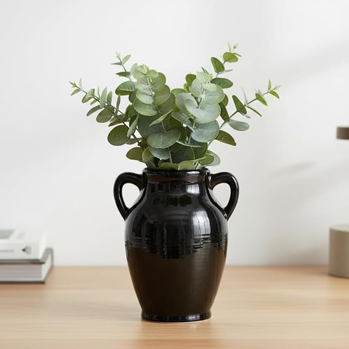 Sunddo Black Ceramic Vase - 8 Inch Modern Decorative Vase with 2 Handles, Black Centerpiece for Home Decor, Living Room, Kitchen Table, Mantle Fireplace, Bathroom Decor
