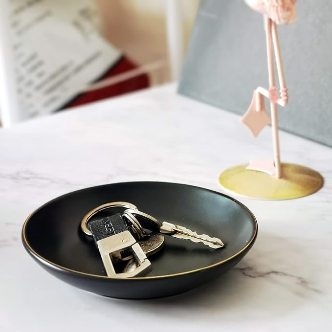 HANKOR 4.75" Ceramic Jewelry Tray, Small Ring Dish Holder Trinket Tray, Catch All Trays for Ring Earring Necklace Key, Christmas Gifts for Women Girls, Black