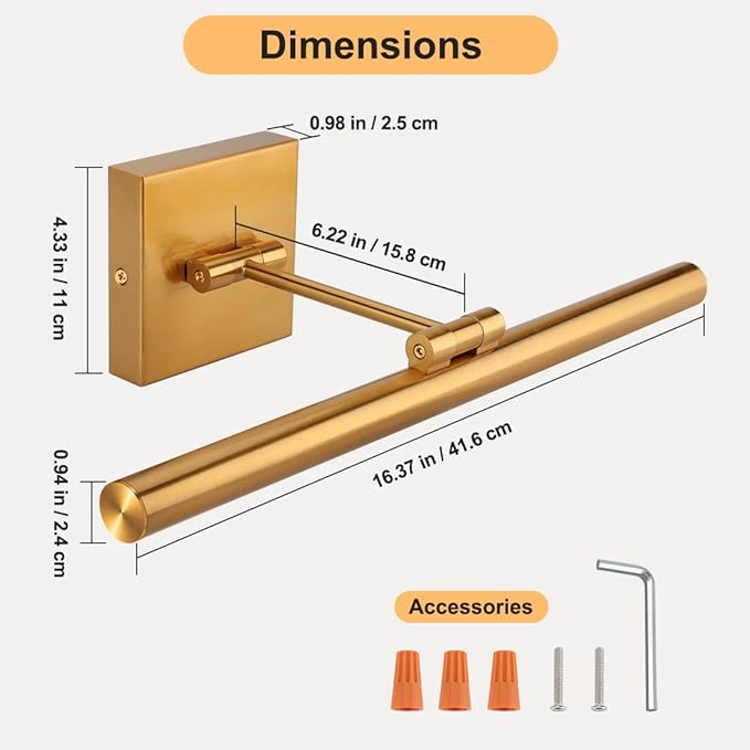 16.54inch LED Picture Lights for Paintings, Brass Golden-Like Finish, Adjustable Art Light Gallery LED Wall Light Wall Sconces for Art Work, Hardwired Connection, Dimmable 3000K CRI90+