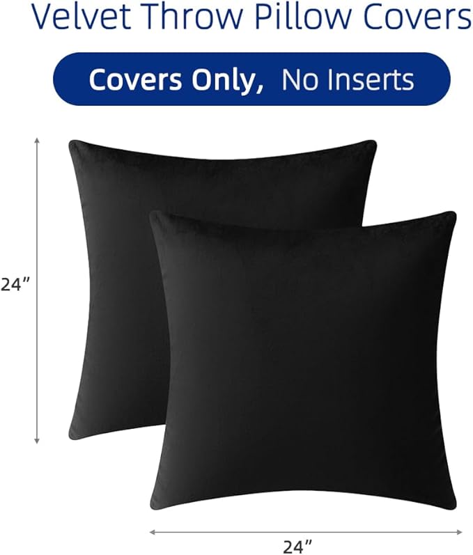QUORGVES Black Velvet Pillow Covers 24x24 Inch Set of 2, Soft Solid Decorative Square Throw Pillow Covers, Decor Cushion Covers for Bed Sofa Couch Bedroom Living Room