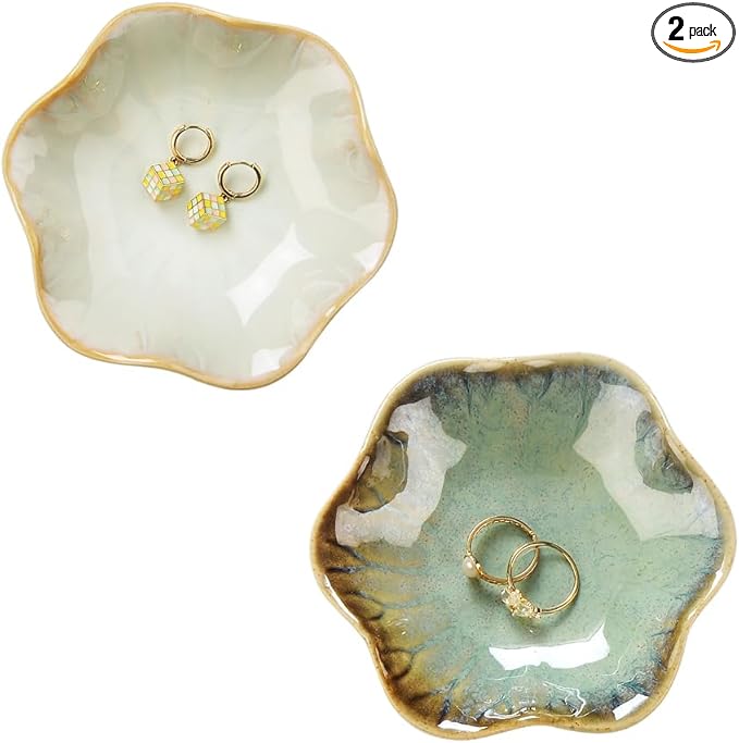 2PCS Ring Holder Dish, Small Key Bowl, Ceramic Trinket Tray Jewelry Dish Organizing Necklace Earrings for Mom Friend Sister, All Jewelries Are NOT Included. Light Green+Crystal Green.…