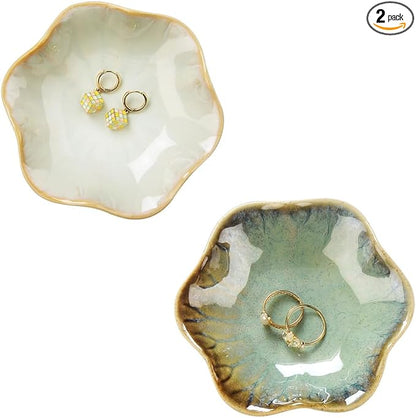 2PCS Ring Holder Dish, Small Key Bowl, Ceramic Trinket Tray Jewelry Dish Organizing Necklace Earrings for Mom Friend Sister, All Jewelries Are NOT Included. Light Green+Crystal Green.…