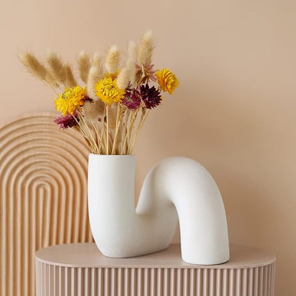 White Ceramic Flower Vase for Decor,Modern Minimalist Abstraction Vases,Farmhouse Decorative vase for Centerpieces,Kitchen,Office, Living Room,Wedding Floral Decoration (Light Brown)