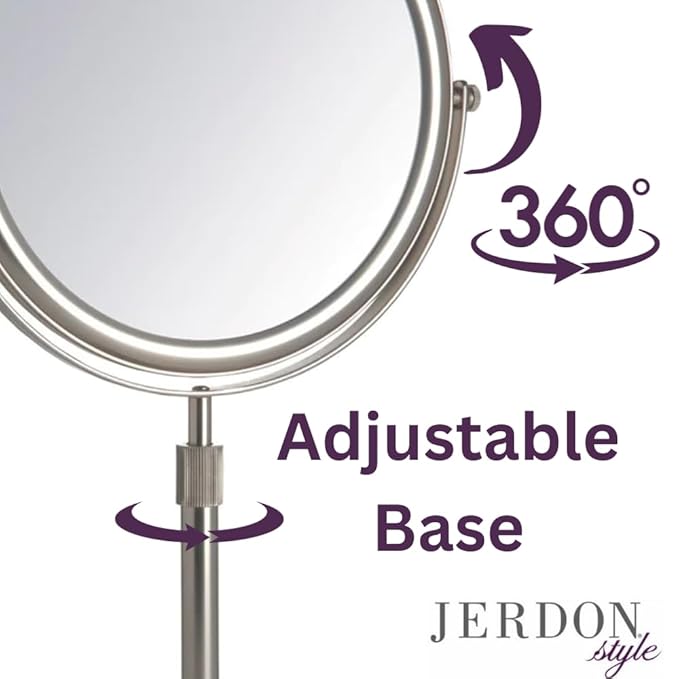 JERDON Two-Sided Tabletop Makeup Vanity Mirror - 5X-1X Magnification & Swivel Design - 9-Inch Diameter Mirror with Adjustable Height - Nickel Finish - Model JP4045N