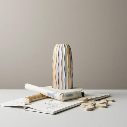 Handmade Beige Ceramic Vase with Colorful Stripes,Modern Boho Home Decor Centerpiece, Unique Holiday&Housewarming Present for Women (Style B)