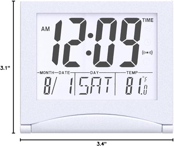 Small Digital Travel Alarm Clock Battery Operated, Portable Large Number Display Loud Alarm Clock with Temperature, Night Backlight, 12/24 H Desk Clock -Silver (White Light)