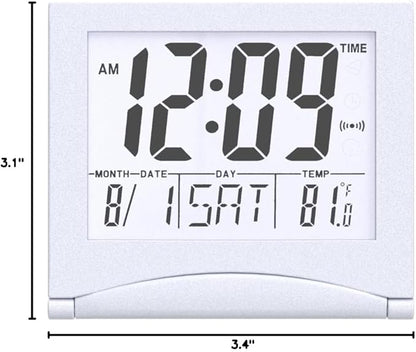 Small Digital Travel Alarm Clock Battery Operated, Portable Large Number Display Loud Alarm Clock with Temperature, Night Backlight, 12/24 H Desk Clock -Silver (White Light)