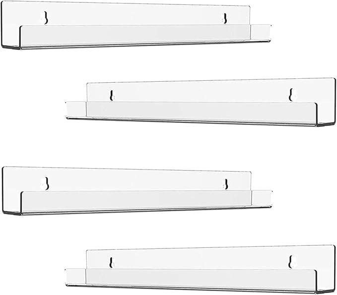 ROYALITA 4 Pack Clear Acrylic Shelves Vinyl Record Holders Wall Mount, 12 Inch Floating Vinyl Holder for Album Record/Nail Polish Display & Wall Decor