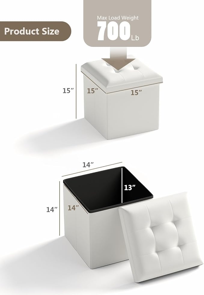 Folding Storage Ottoman Bench, Multi-Functional Ottoman Footrest, End of Bed Bench, Storage Chest for Living Room, Bedroom, Hallway, Entryway, Holds Up to 300 lbs (White, 15 Inches)