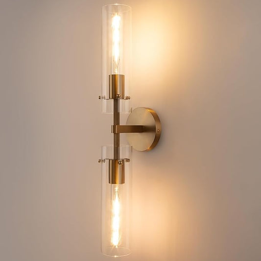 Brass Gold 2-Light Knurled Wall Sconce, Dual-Head Vanity Lamp with Clear Glass Tube, Bathroom Wall Sconces, Wall Lights for Living Room Bedroom Hallway Kitchen Bathroom Mirror