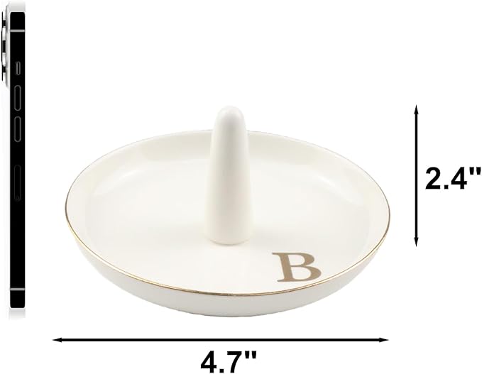 Ceramic Initials Jewelry Tray Ring Dish With Personalized B-Monogrammed Engagement Wedding Gifts, for Birthday Mother's Day for Women, Ceramic White 4.7" x2.4"