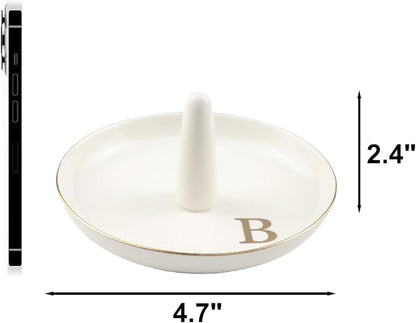 Ceramic Initials Jewelry Tray Ring Dish With Personalized B-Monogrammed Engagement Wedding Gifts, for Birthday Mother's Day for Women, Ceramic White 4.7" x2.4"