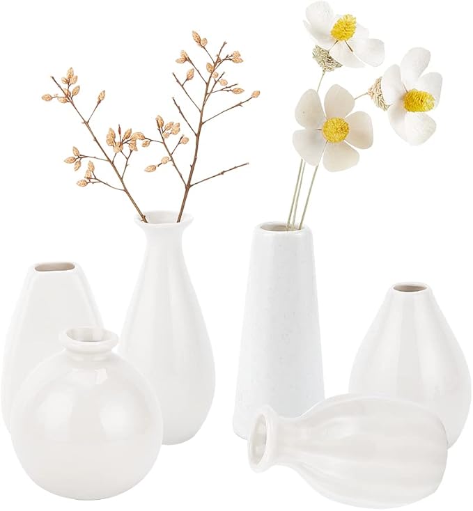 NBEADS 6 Pcs Mini Ceramic Flower Vase, 6 Styles Rustic Decor Vase Modern Farmhouse Decor White Plain Small Vases for Flowers Small Plants Floral Dining Room Shelf Decor, 1.7~2.6x2.8~3.9"