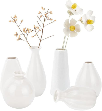 NBEADS 6 Pcs Mini Ceramic Flower Vase, 6 Styles Rustic Decor Vase Modern Farmhouse Decor White Plain Small Vases for Flowers Small Plants Floral Dining Room Shelf Decor, 1.7~2.6x2.8~3.9"