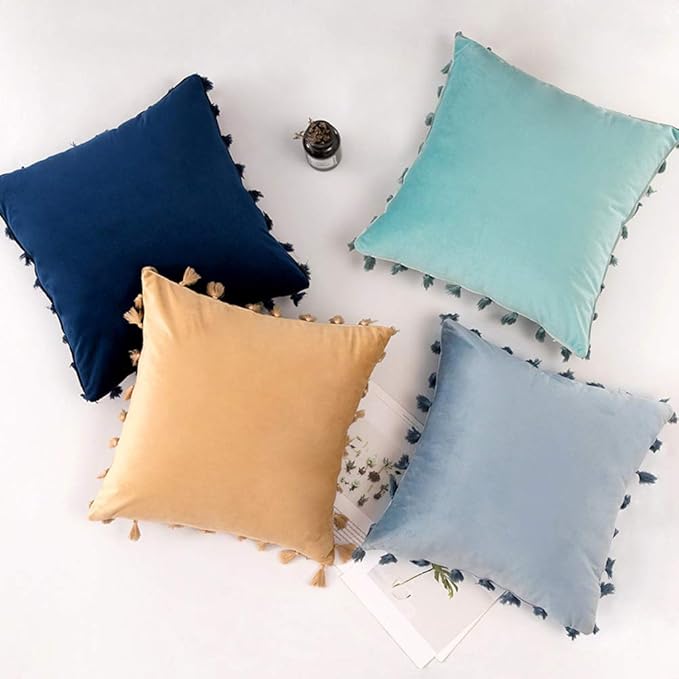 vctops Velvet Soft Solid Decorative Throw Pillow Cover with Tassels Boho Accent Cushion Case for Couch Bedroom Car Water Green 20''x20''