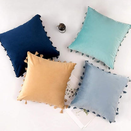 vctops Velvet Soft Solid Decorative Throw Pillow Cover with Tassels Boho Accent Cushion Case for Couch Bedroom Car Khaki 18''x18''