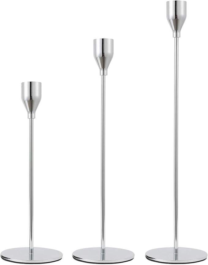 Sliver Candlestick Holders 3pcs Taper Candle Stick Holder Set, Mantel Candlestick Holder Set for Table Centerpiece, Modern Tall Candle Decor for Wedding/Party/Dinning/Anniversary