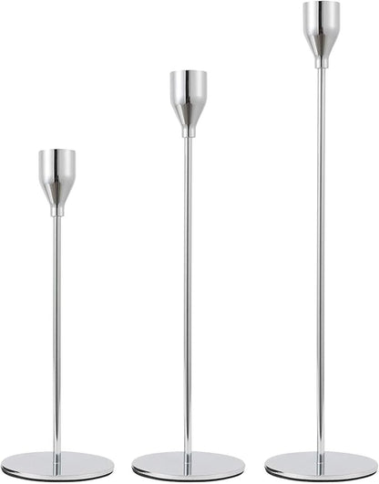 Sliver Candlestick Holders 3pcs Taper Candle Stick Holder Set, Mantel Candlestick Holder Set for Table Centerpiece, Modern Tall Candle Decor for Wedding/Party/Dinning/Anniversary