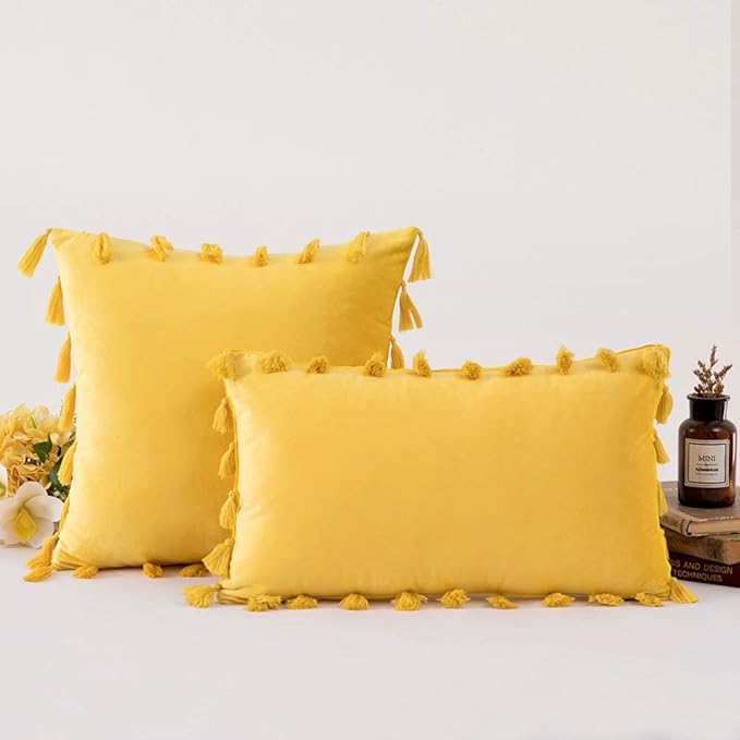 vctops Velvet Soft Solid Decorative Throw Pillow Cover with Tassels Boho Accent Cushion Case for Couch Bedroom Car Yellow 18''x18''