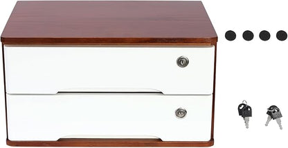 2-Tier Desktop Storage Box with Lockable Drawer, Wooden Desk Organizer for Office Supplies, Flat File Cabinet, Minimalist Design for Home & Office Use(Walnut+White)