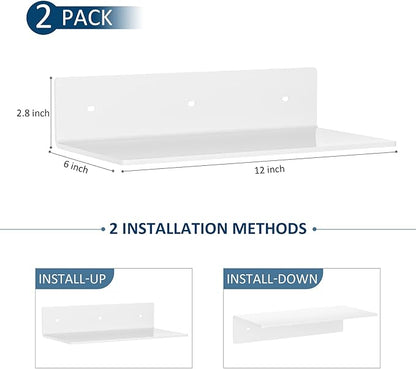 Sezanrpt 12 Inches Acrylic Wall Shelves 2 Pack, Floating Shelf for Wall Mounting, Acrylic Display Ledges for Funko Pop Figures, Home Décor, Living Room, Gaming Room, Plants(12 inch, White)
