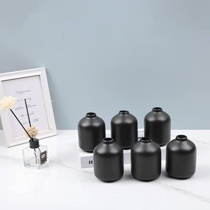 Ceramic Bud Vases Set of 6, Black Bud Vase Set for Flowers Pampas Grass, Mini Pottery Vase with Minimalist Modern Rustic Style for Table Centerpieces of Home, Office, Wedding