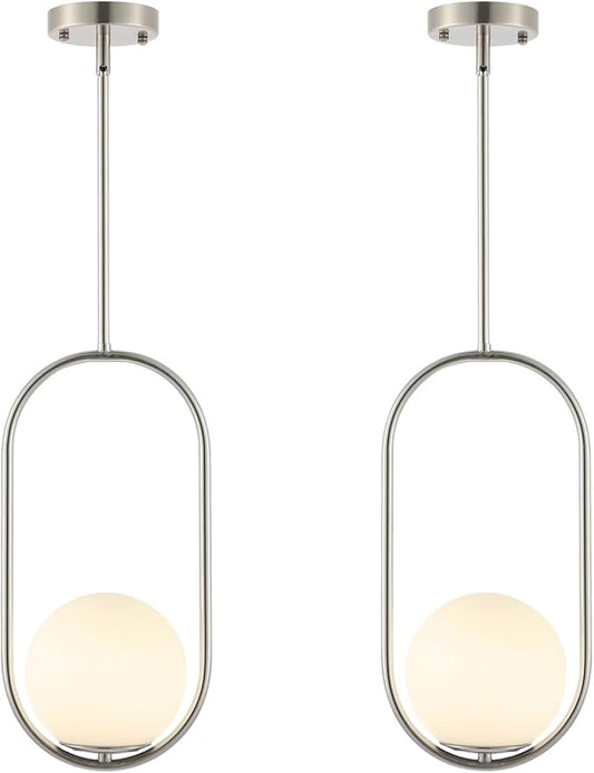 Modern Globe Pendant Light Brushed Nickel Chandelier 1-Light Mid Century Ceiling Hanging Lighting Fixture White Globe Glass Shades for Kitchen Island Dining Room Bedroom (2 Pack)