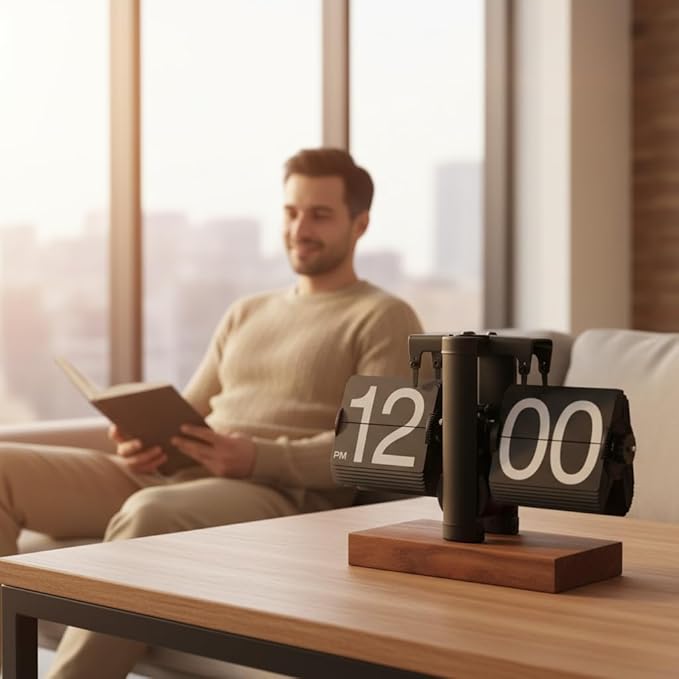 Retro Flip Clock Vintage, Digital Flip Desk Clock Black, Gear Flipping Clock, Mechanical Page Turning with Black Walnut Base for Home, Office, Room Decoration
