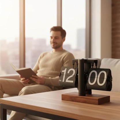 Retro Flip Clock Vintage, Digital Flip Desk Clock Black, Gear Flipping Clock, Mechanical Page Turning with Black Walnut Base for Home, Office, Room Decoration