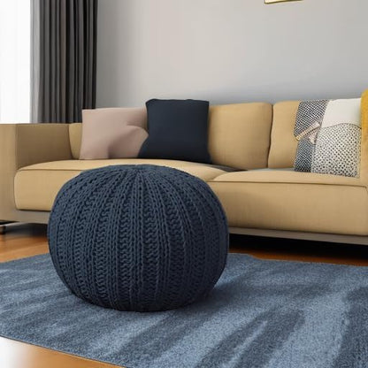 LR Home Blue Cableknit Cotton Round Ottoman for Home Décor | Hand-Made Farmhouse Foot Rest for Bedroom & Living Room | 20 x 20 x 16 Stuffed Pouf for Seating