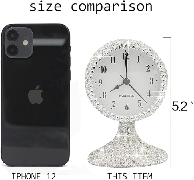 Luxury Rhinestone Small Alarm Desk Table Clock Morning Call Handmade Fashion Design for Bedroom Houseroom Living Room Cute As Gift AR (Silver)